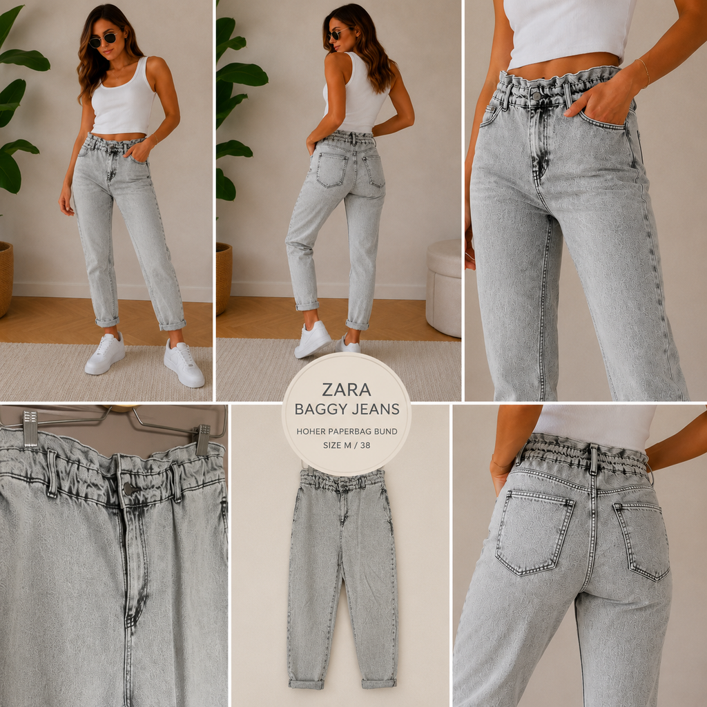 Zara Paperbag Jeans Grau Gr. 38 | High Waist Mom Fit Baggy Denim Vintage Look