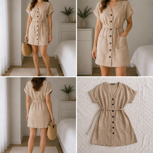 ZARA Sommerkleid Beige/Taupe mit Gürtel